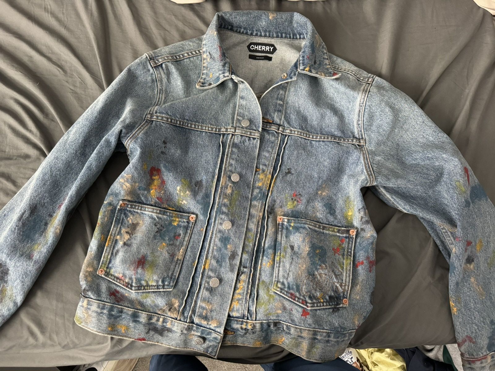 image of Cherry La Paint Splatter Denim Jacket in Blue, Men's (Size Small)