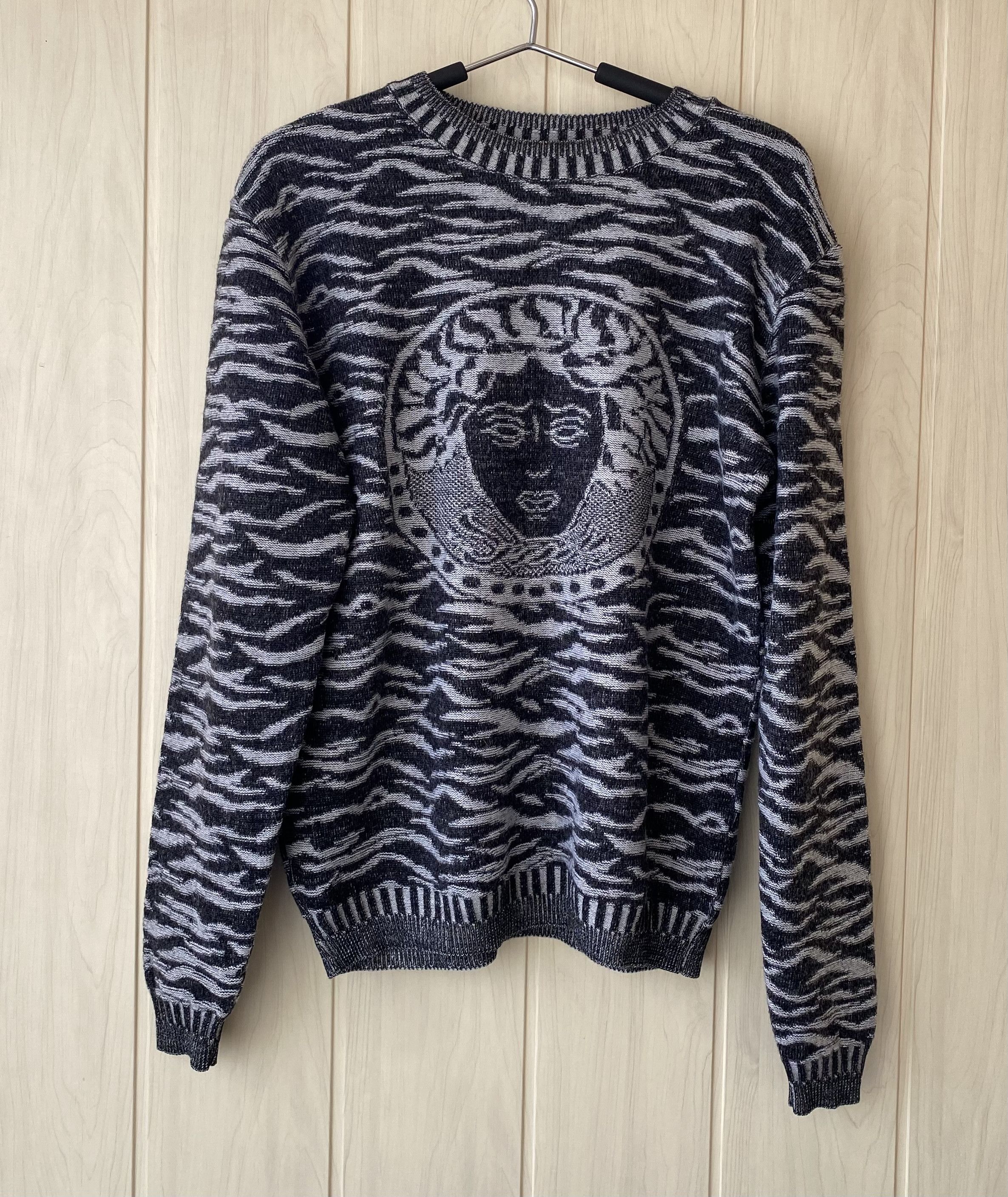 image of Versace Jeans Couture x Vintage Versace Zebra Print Medusa Head Wool Sweater in Black/Gray (Size Sm