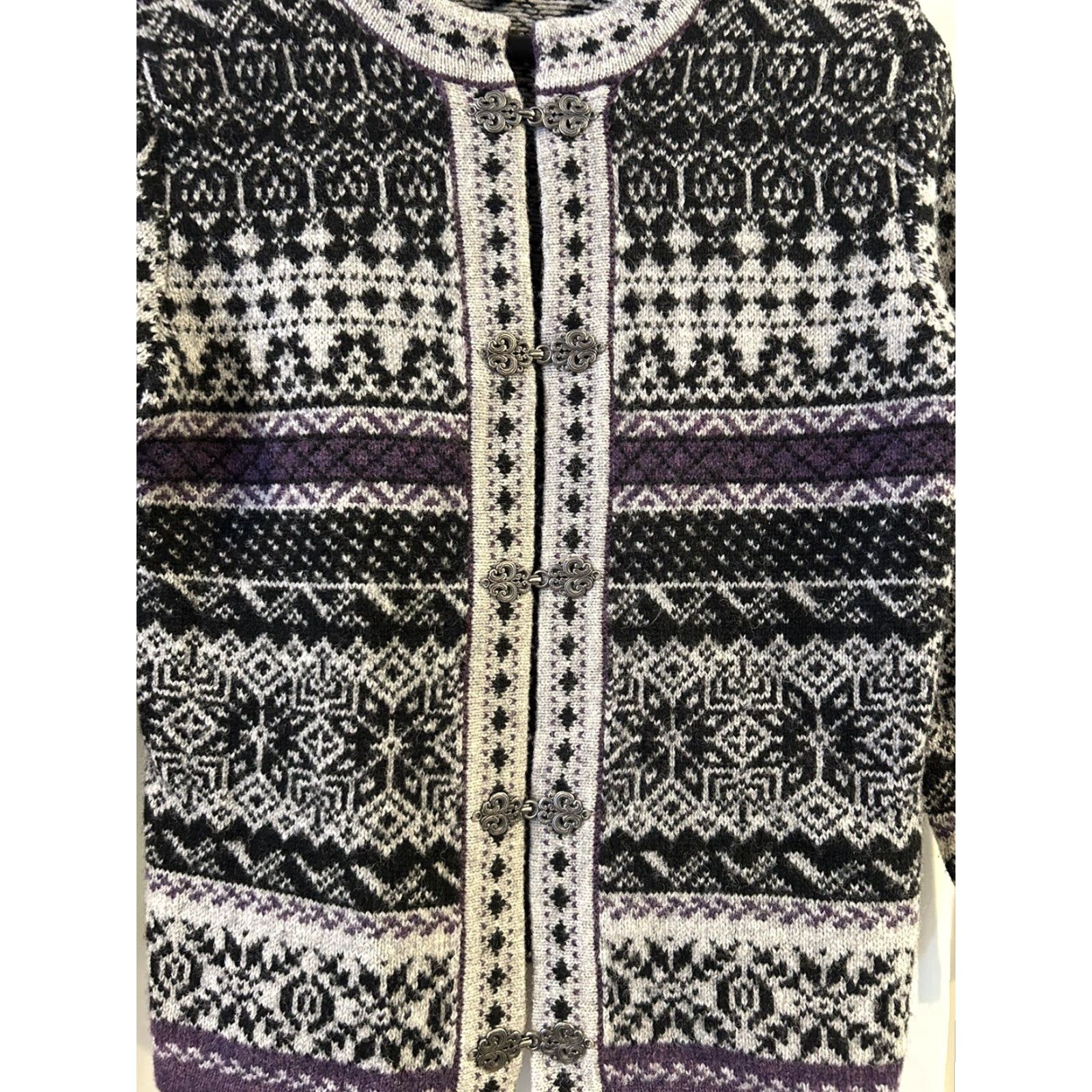 Vintage Telluride Clothing Sweater Cardigan Women’s Purple Black Fair Isle Wool S Small Long Sleeve Round Neck Size S / US 4 / IT 40 - 3 Thumbnail