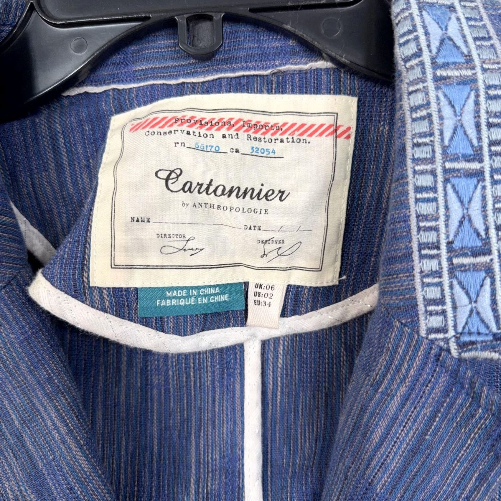 Vintage Cartonnier Blazer Womens 2 Blue Stripe Linen Cotton Embroidered Collar Jacket - Pre-Owned 2 Size XS / US 0-2 / IT 36-38 - 6 Thumbnail