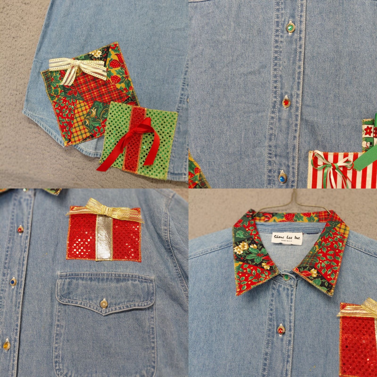 Lee VINTAGE Shane Lee Inc Shirt Womens 2XL Blue Denim Christmas Present Patches With Bows Shirt Womens 2XL Blue Denim Christmas Present Patches With Bows Size XXL / US 16-18 / IT 52-54 - 8 Thumbnail