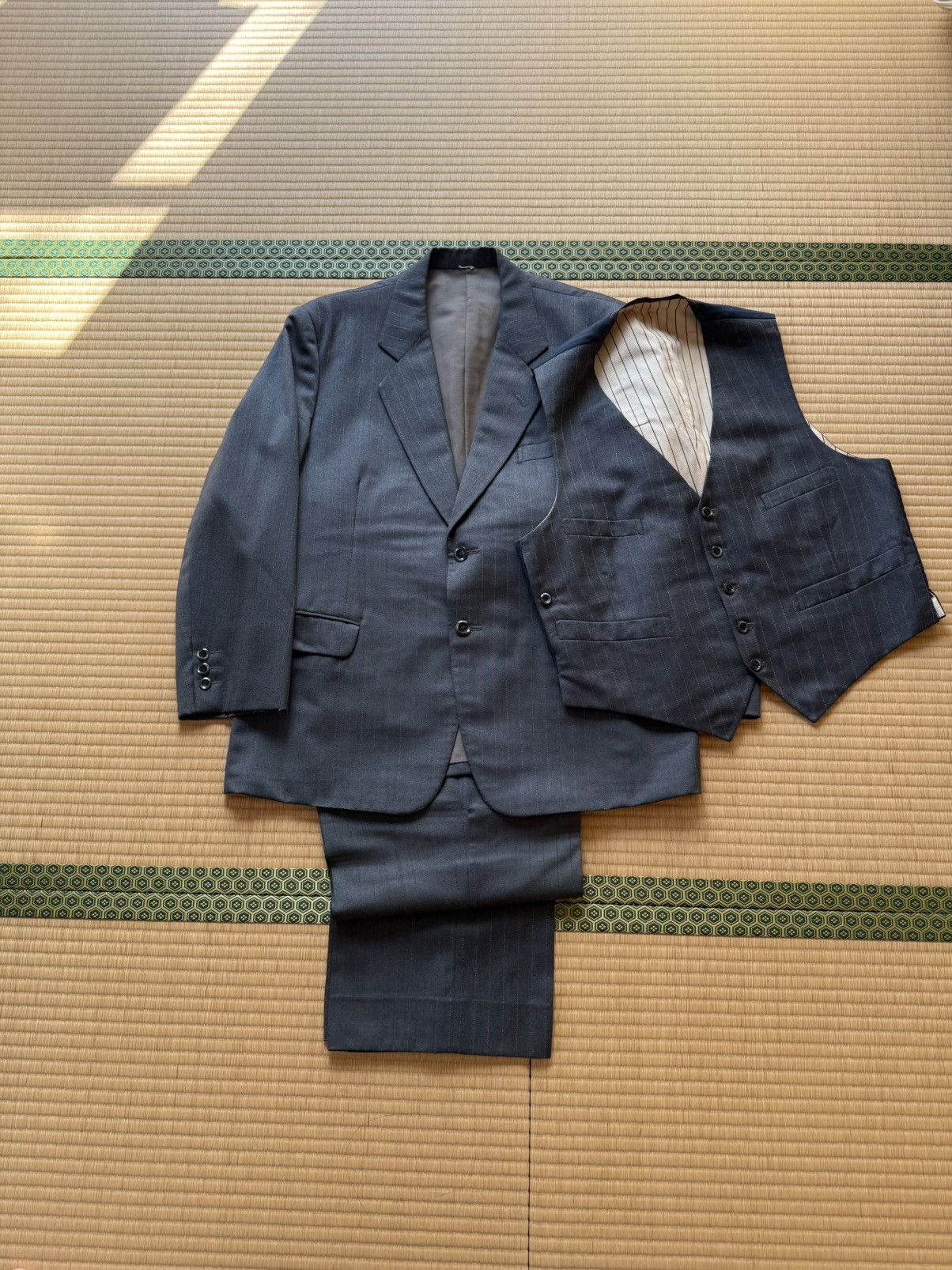 Other Autumn〜Spring Vintage Blue Gray Pinstripe 3 Piece Wool Suit Size 42R - 2 Thumbnail