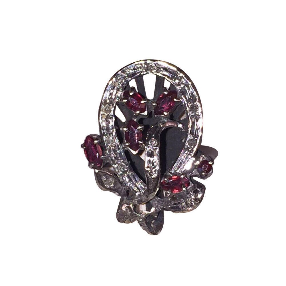 Designer Mexican Palladium Sterling Ruby& Diamond Earrings & Ring Set Size ONE SIZE - 7 Thumbnail
