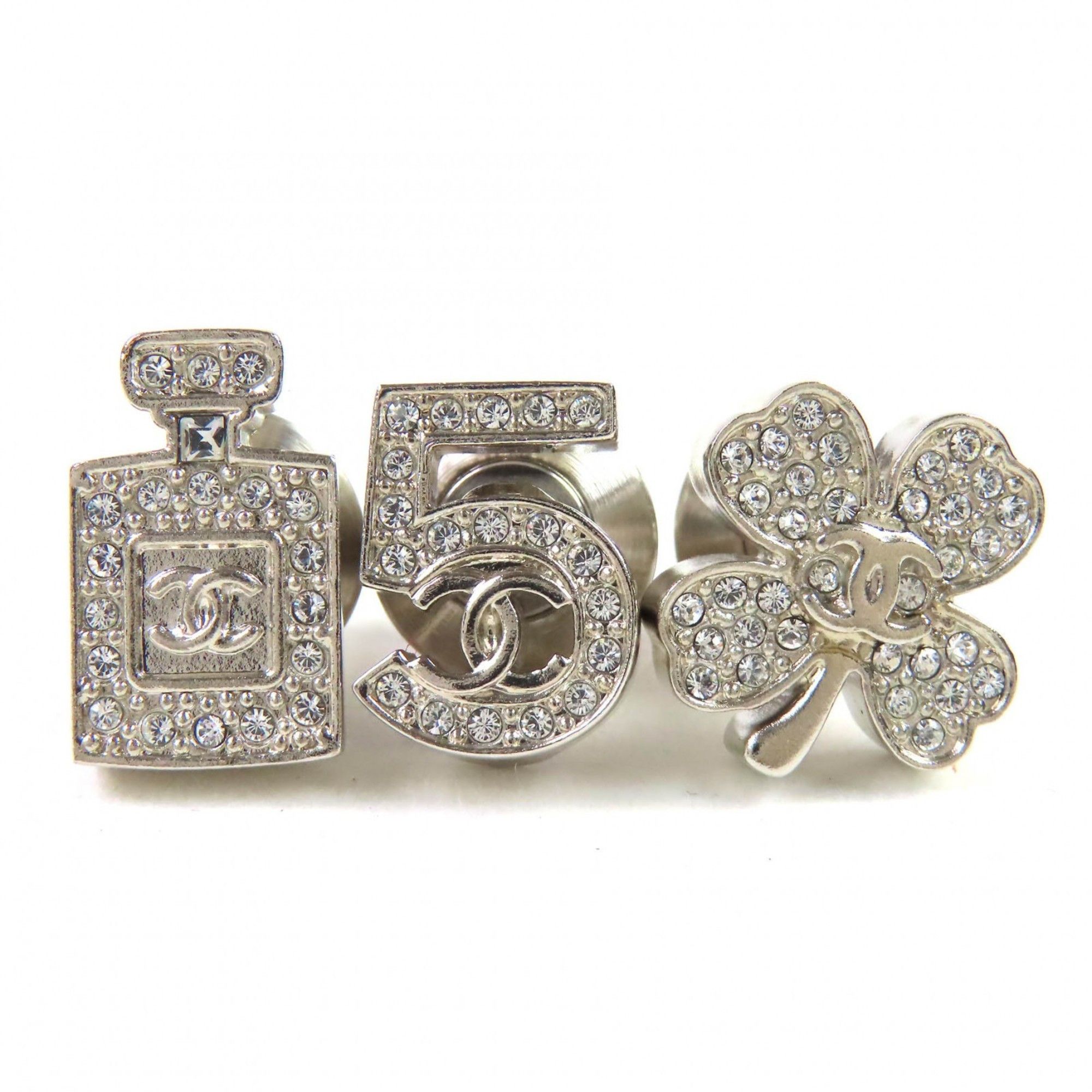 Chanel CHANEL A22P Coco Mark Icon Rhinestone No. 5 Clover Bottle Pins/Brooch Set of 3, Silver, with Box, Made in France, Women's Size ONE SIZE - 1 Thumbnail