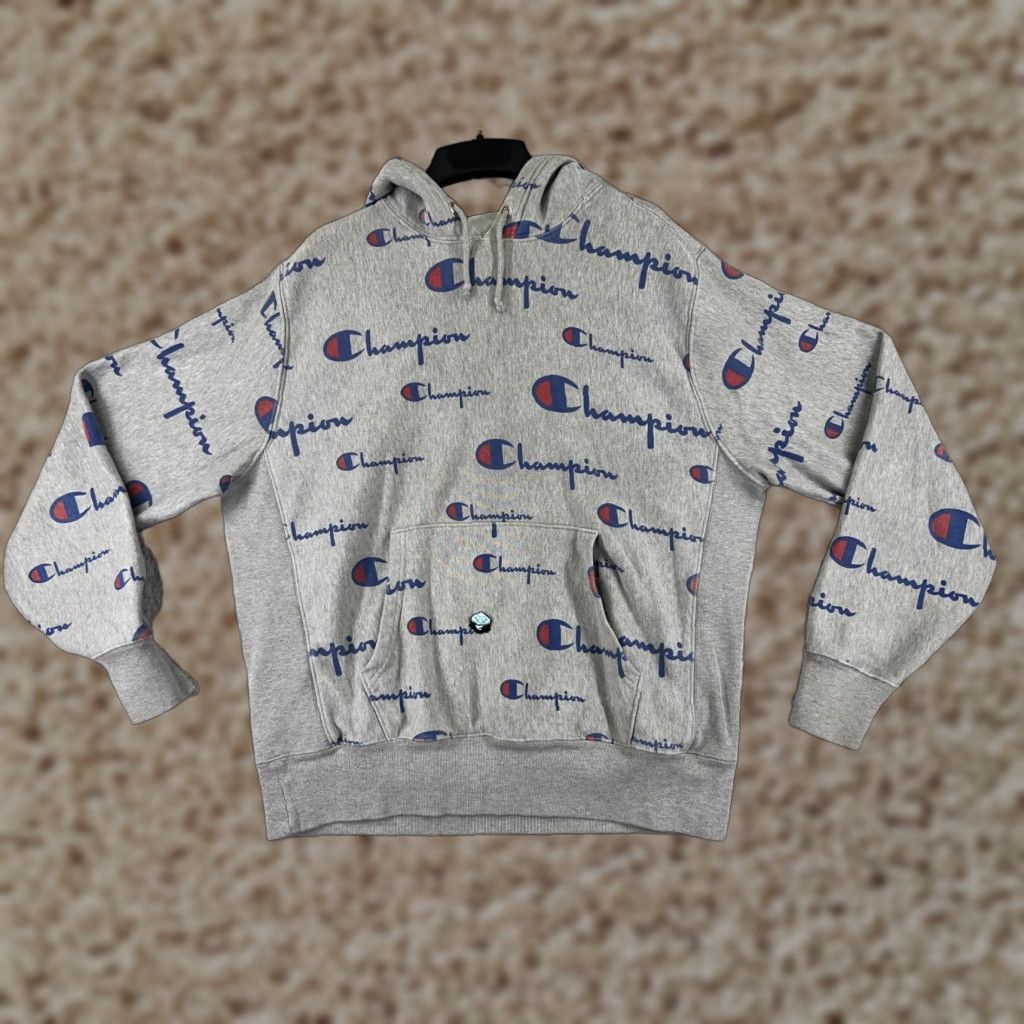 Champion Champion Hoodie Mens Large Gray All Over Print Pockets Zip Full Zip Cotton Polyester Jersey Logo __ Size US L / EU 52-54 / 3 - 1 Thumbnail