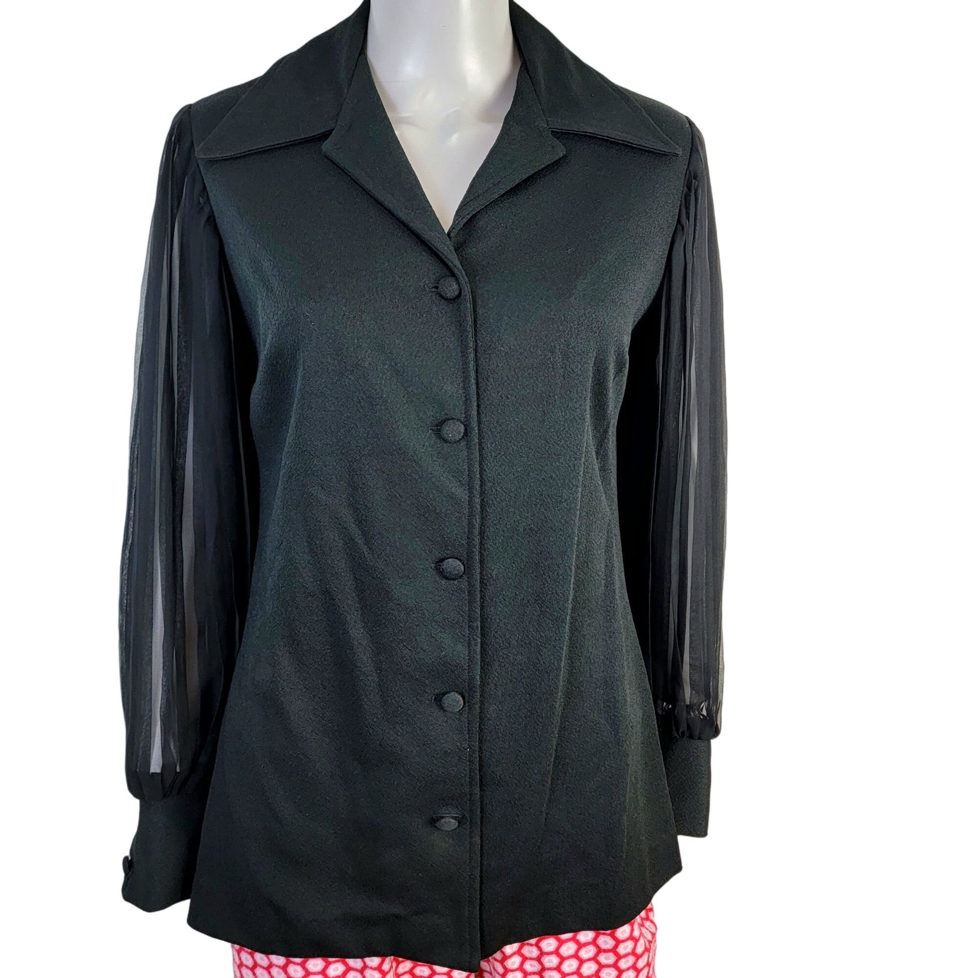 Vintage 70s Button Blouse Women 12 Black Sheer Long Sleeve S, Women's (Size Xl)