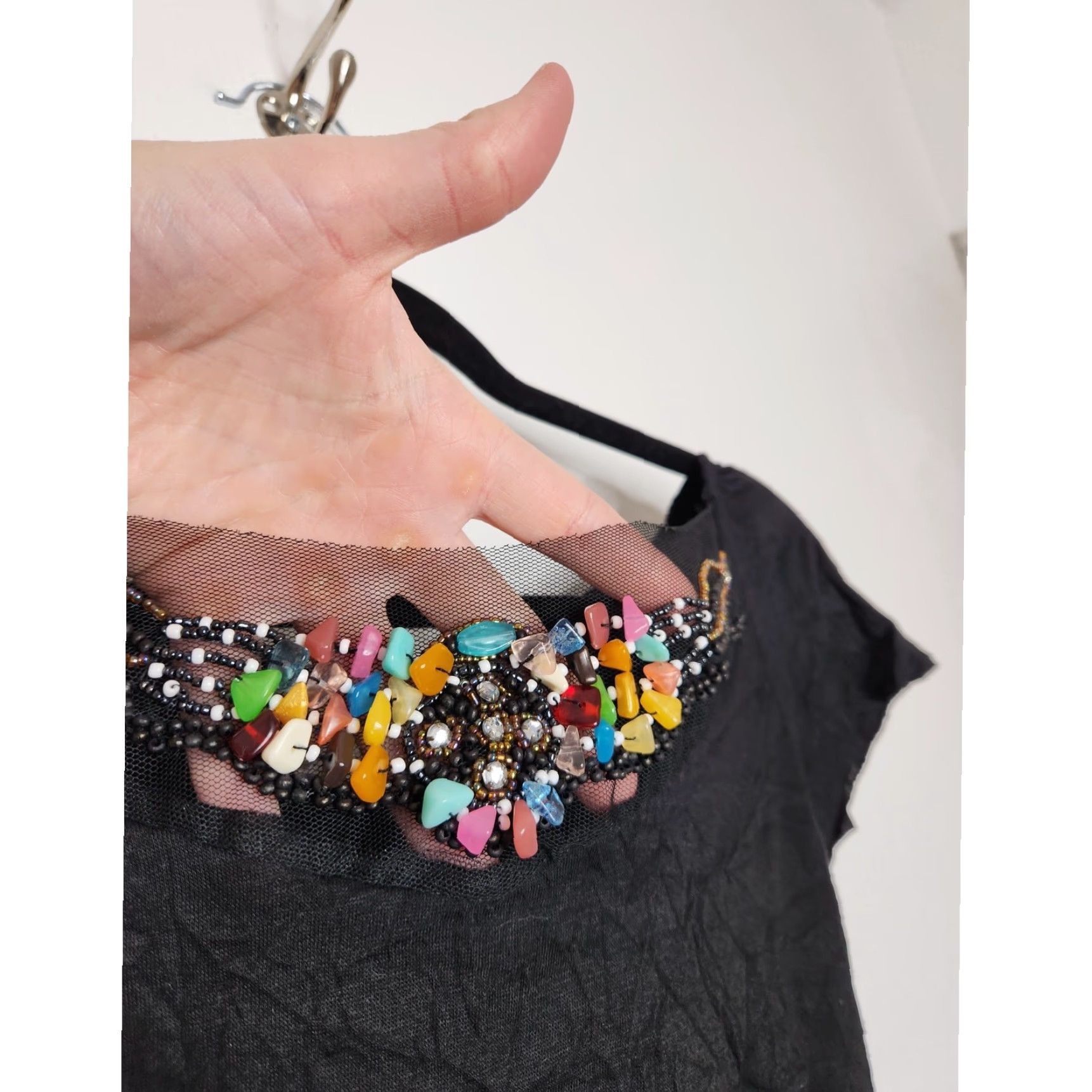 Vintage VINTAGE Beaded Stones Gems Off Shoulder Black Summer Going Out Shirt Size L / US 10 / IT 46 - 4 Thumbnail