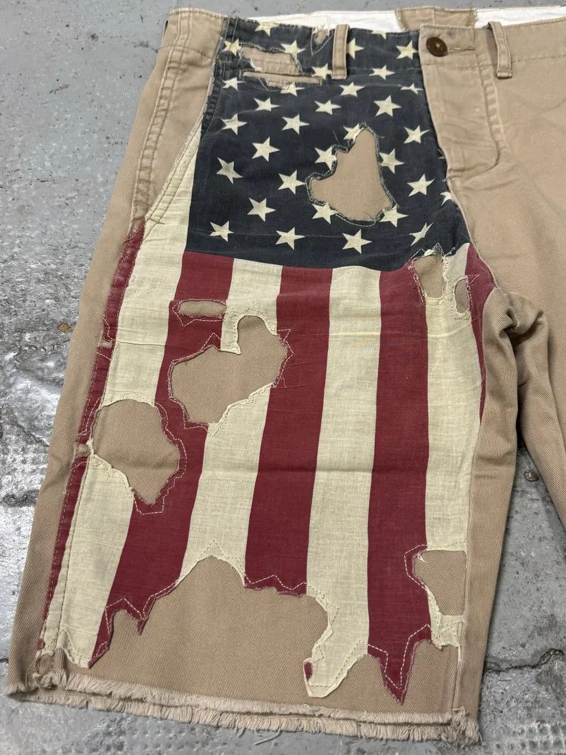 Designer × Polo Ralph Lauren × Vintage 2000s Ralph Lauren USA Distressed Flag Beige Shorts Size US 31 - 6 Thumbnail