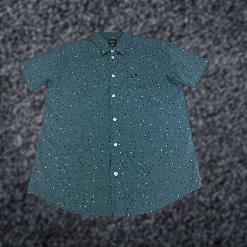 RVCA RVCA Button-Up Shirt Slim Fit Short Sleeve Mens Small Green Black/White speks Pattern Casual Club/Travel 5780 Size US S / EU 44-46 / 1 - 1 Thumbnail