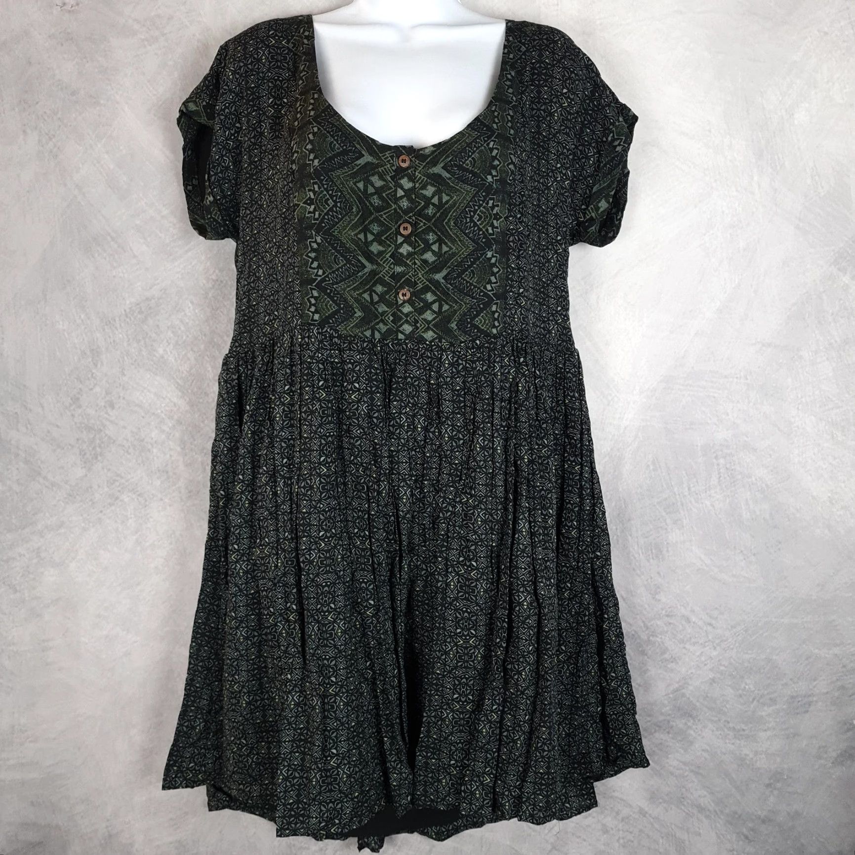 Free People Free People Dress Womens L Green Geometric Trapeze Swing Mini Scoop Back Cap Sleeve Pockets Size L / US 10 / IT 46 - 2 Thumbnail