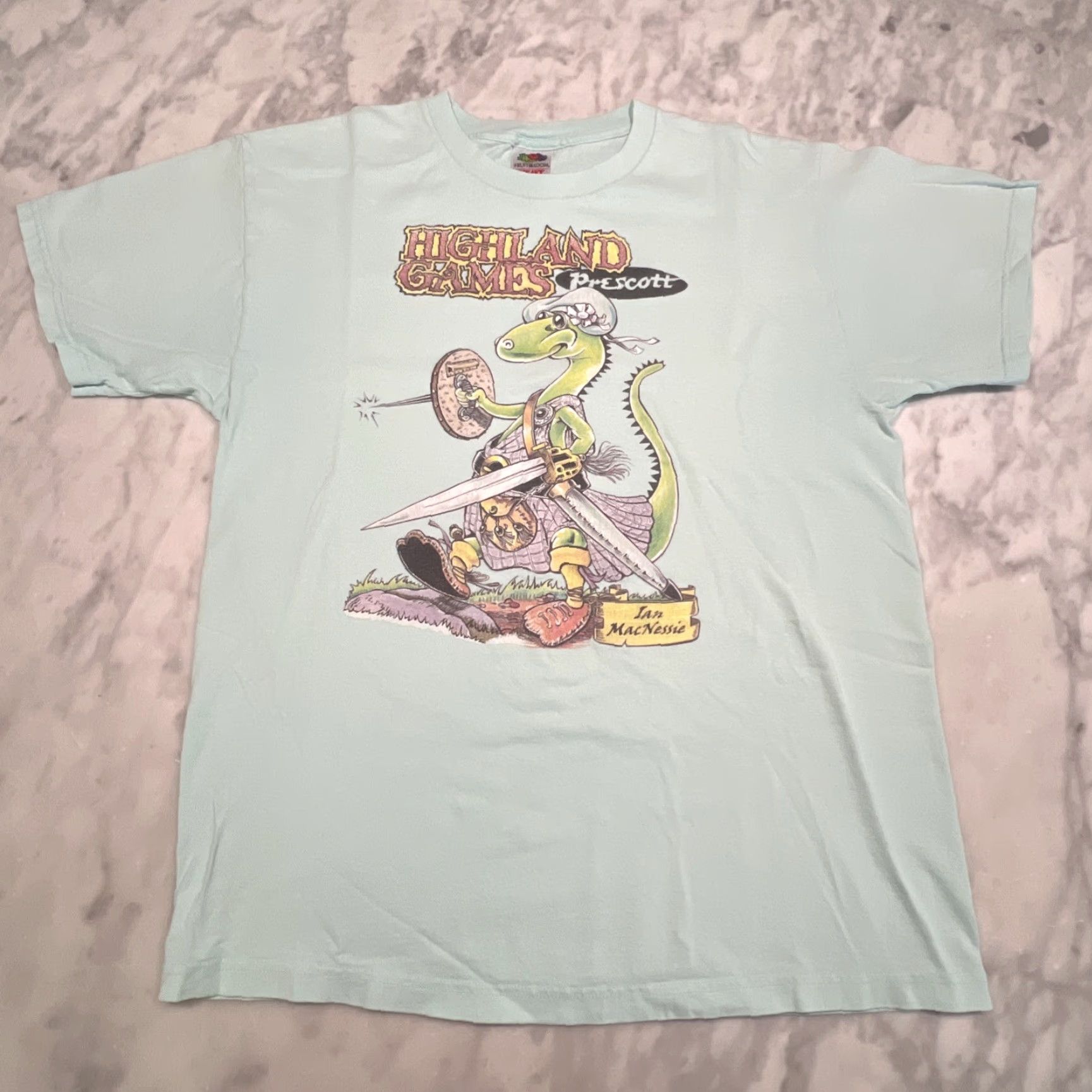 Fruit Of The Loom VINTAGE Prescott Highland Games T Shirt Men L Arizona Graphic Renaissance Dinosaur Teal Men Size US L / EU 52-54 / 3 - 2 Thumbnail