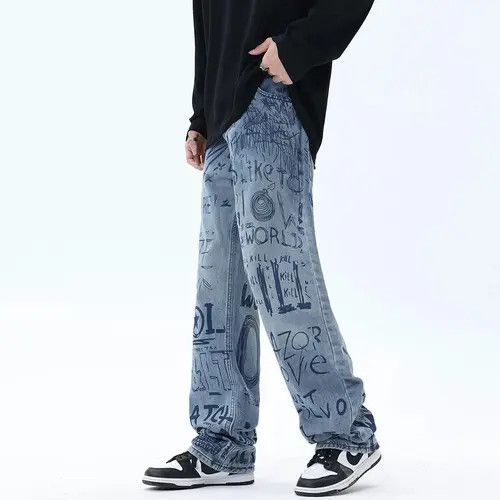 Japanese Brand Buggy jeans for men and women with graffiti print y2k Size US 34 / EU 50 - 5 Thumbnail