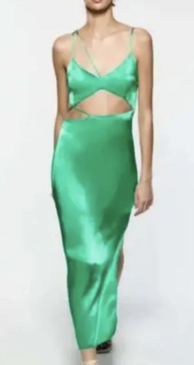 Zara Zara Asymmetrical Green Satin Strappy Side Slit Midi Dress Size L / US 10 / IT 46 - 3 Thumbnail
