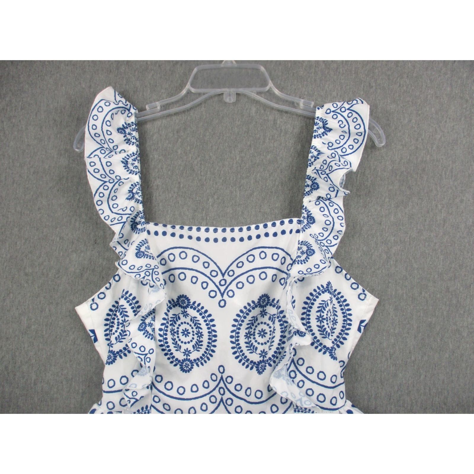 Shein Emery Rose Romper Womens Large White Blue Ruffle Strap Tie Back Boho Print Size 36" / US 14 / IT 50 - 2 Thumbnail