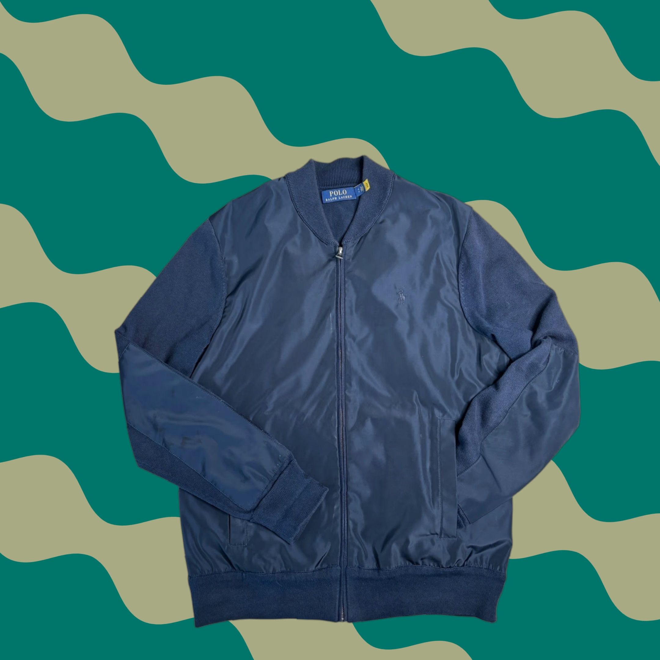 Polo Ralph Lauren Bomber Jacket Mens Knit Sleeve Full Zip Blue Knit Long Sleeve Jacket Casual Travel