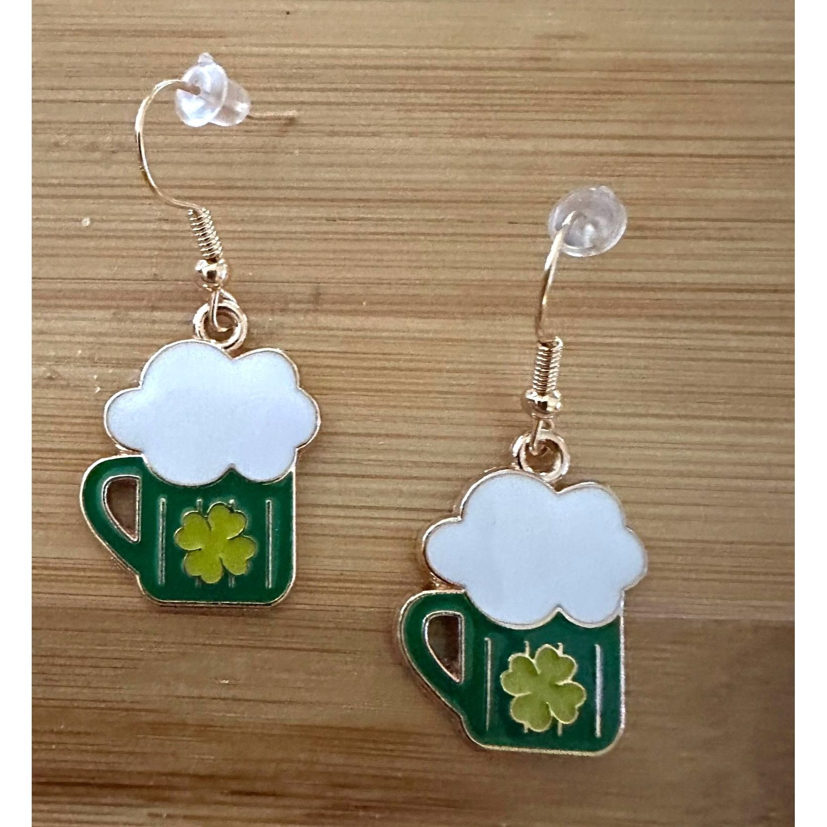 Handmade St Patricks Day Earrings Beer Four Leaf Clover Dangle Hooks Size ONE SIZE - 7 Thumbnail