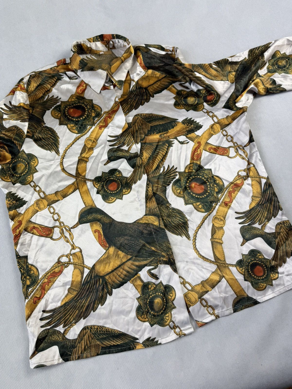 Other Unique Silk Shirt 100% Silk Birds Gold Size XXL / US 16-18 / IT 52-54 - 2 Thumbnail
