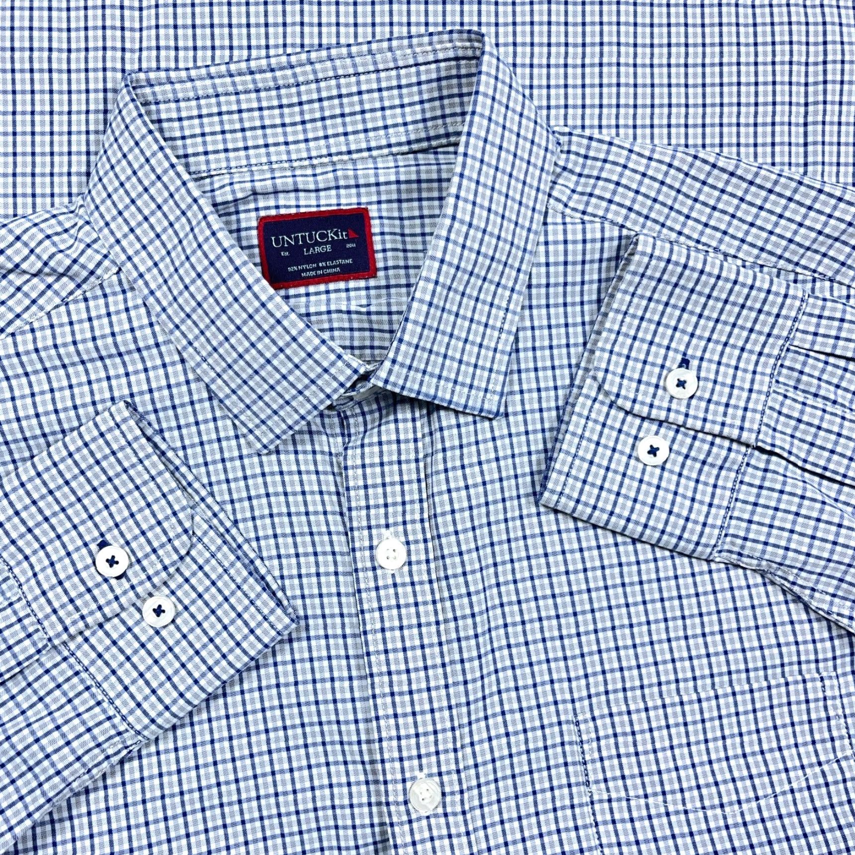 UNTUCKit UNTUCKit Shirt Men Large Blue Gray Plaid Button Nylon Performance Stretch Dress Size 42R - 2 Thumbnail