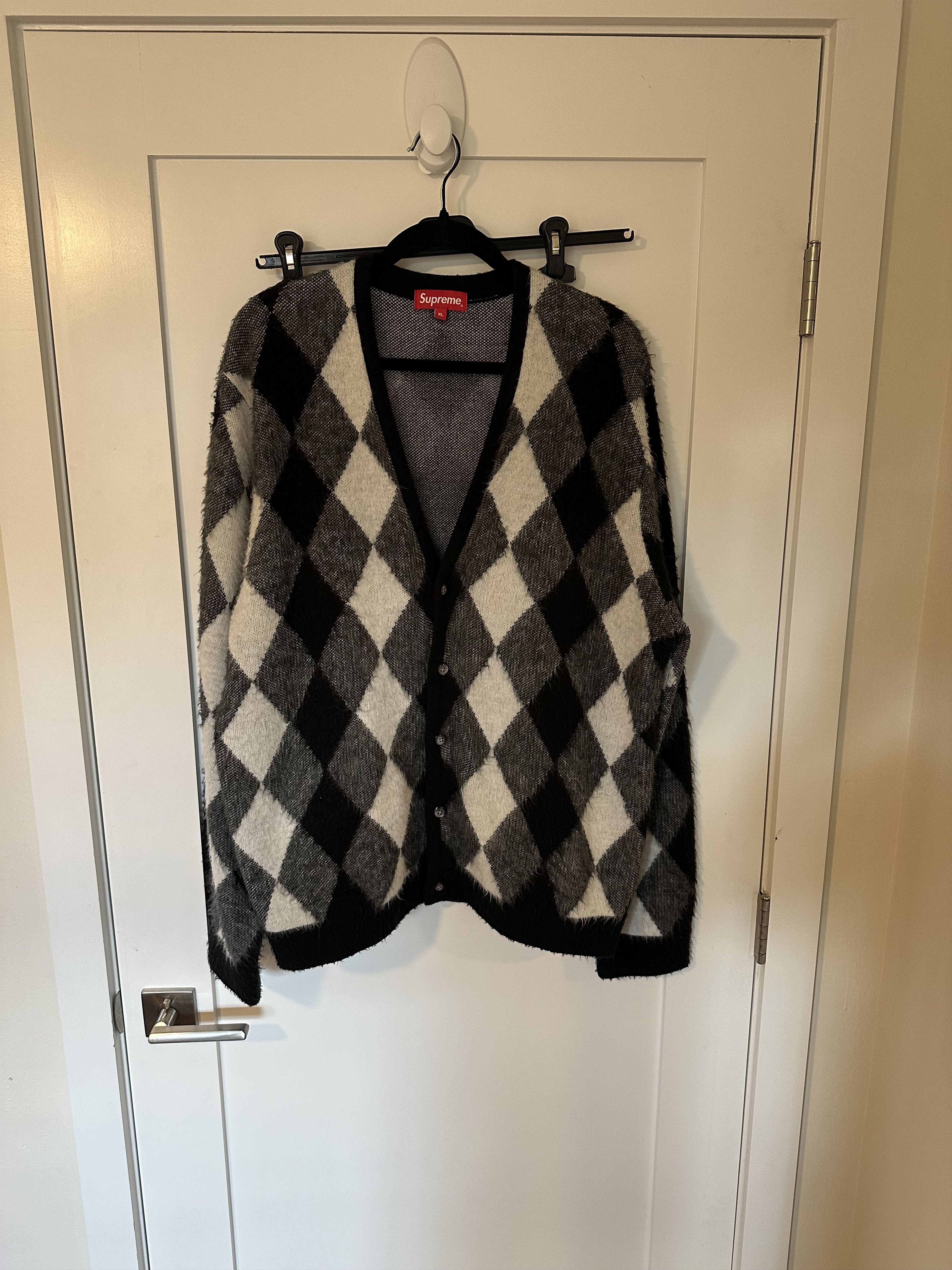 image of Supreme Mohair Argyle Cardigan in Black/White, Men's (Size XL)