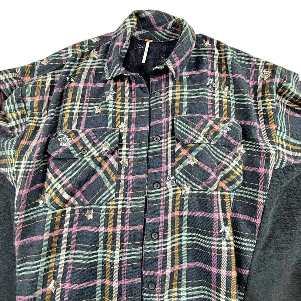 Free People Free People Gray Plaid Embellished wSequin Stars Shirts Sz S Size S / US 4 / IT 40 - 4 Thumbnail