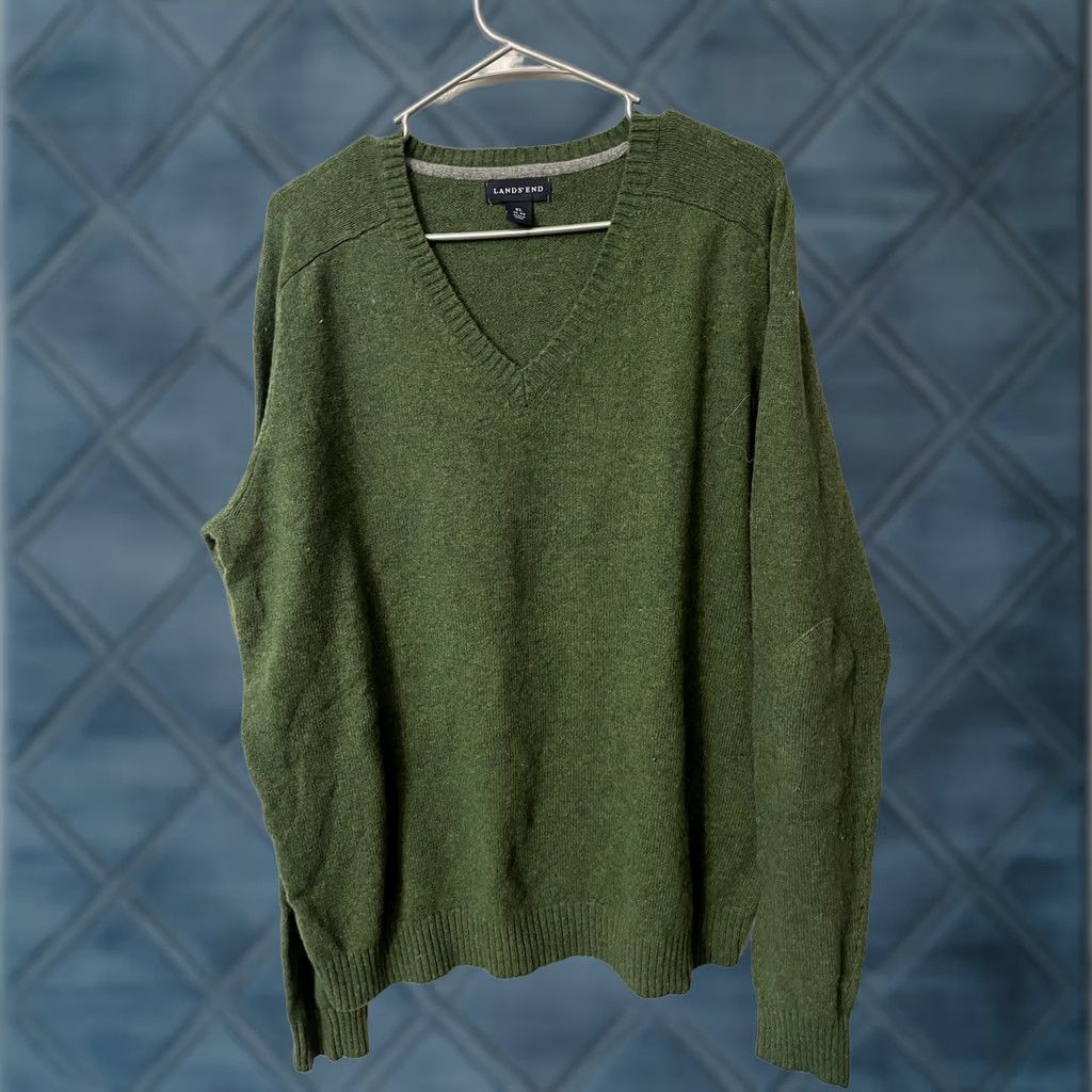 Lands' End Lands End Mens Sweater XL Green Merino Wool Blend V Neck Elbow Patches Office Size US XL / EU 56 / 4 - 1 Thumbnail