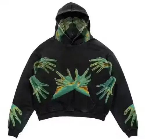 image of Vintage Thermal Hands Graphic Print Oversized Hoodie in Black, Men's (Size Large)