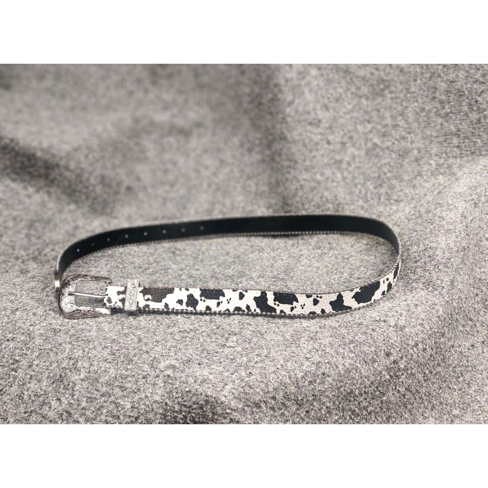 Logo 7 VINTAGE Hysteric Japan style Y2K Metal Logo Black Cow Print Leather Belt Women One Size Adjustable Studded Pattern Animal Print 90s Logo Vintage Belt Size ONE SIZE - 4 Thumbnail