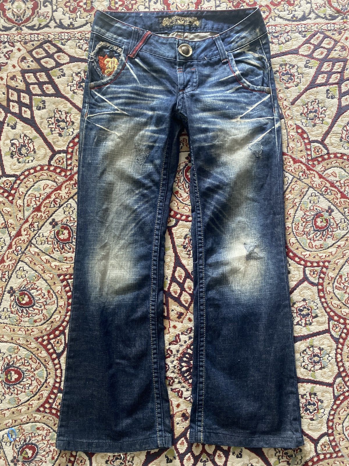 Ed Hardy × In The Attic Red Pepper Embroidered Pocket Flared Denim Jeans Size US 27 - 6 Thumbnail