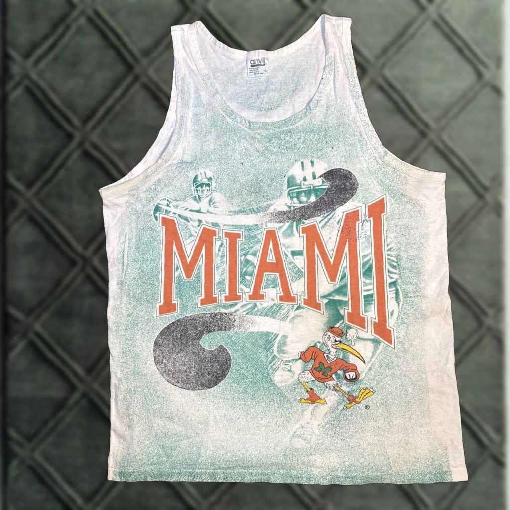 Anvil VINTAGE University of Miami Hurricanes All Over Print Tank Top T-Shirt Large Mens L White 90s Size US L / EU 52-54 / 3 - 1 Thumbnail