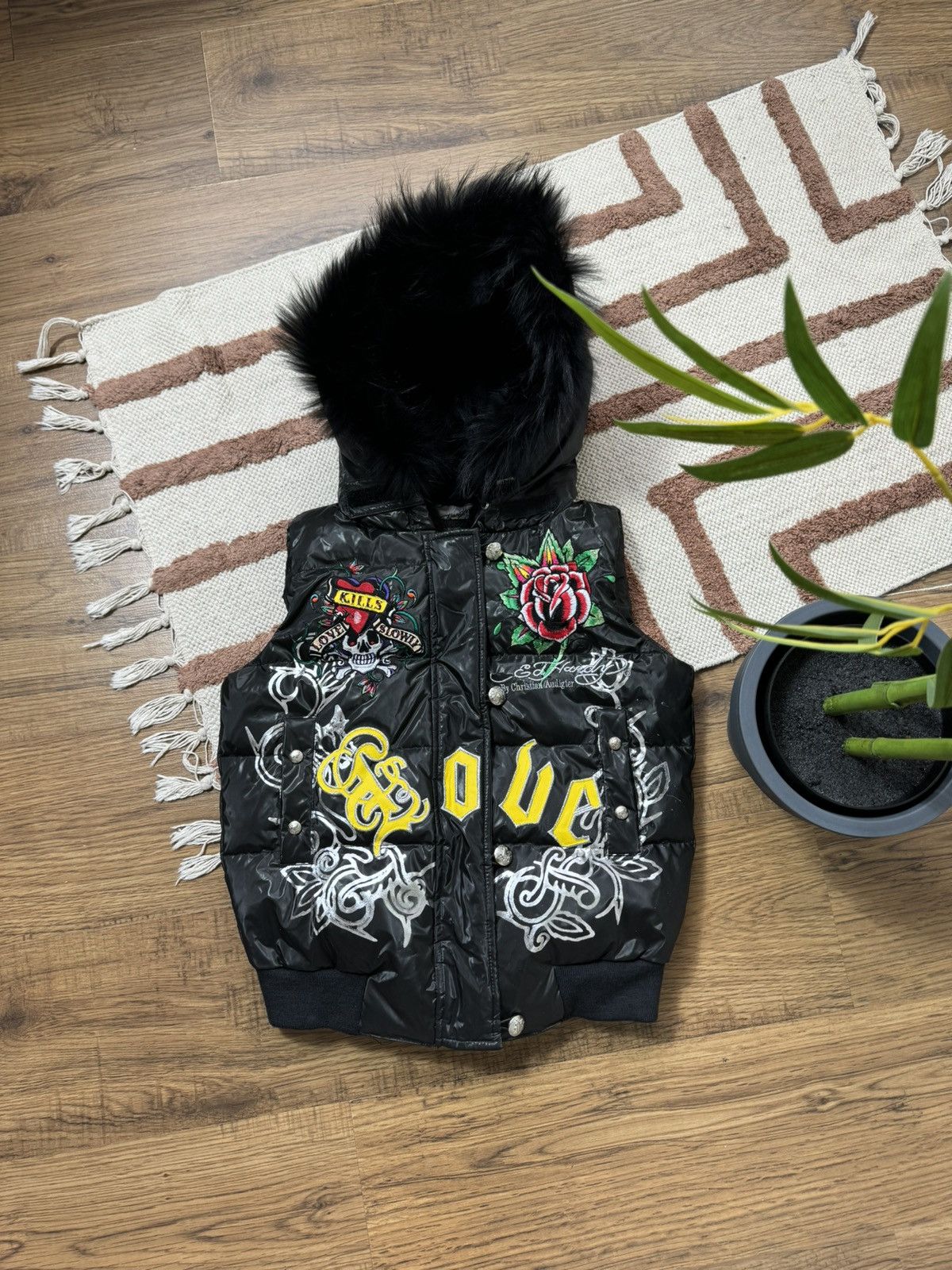 VINTAGE ED HARDY PRINTED DOWN PUFFER VEST 