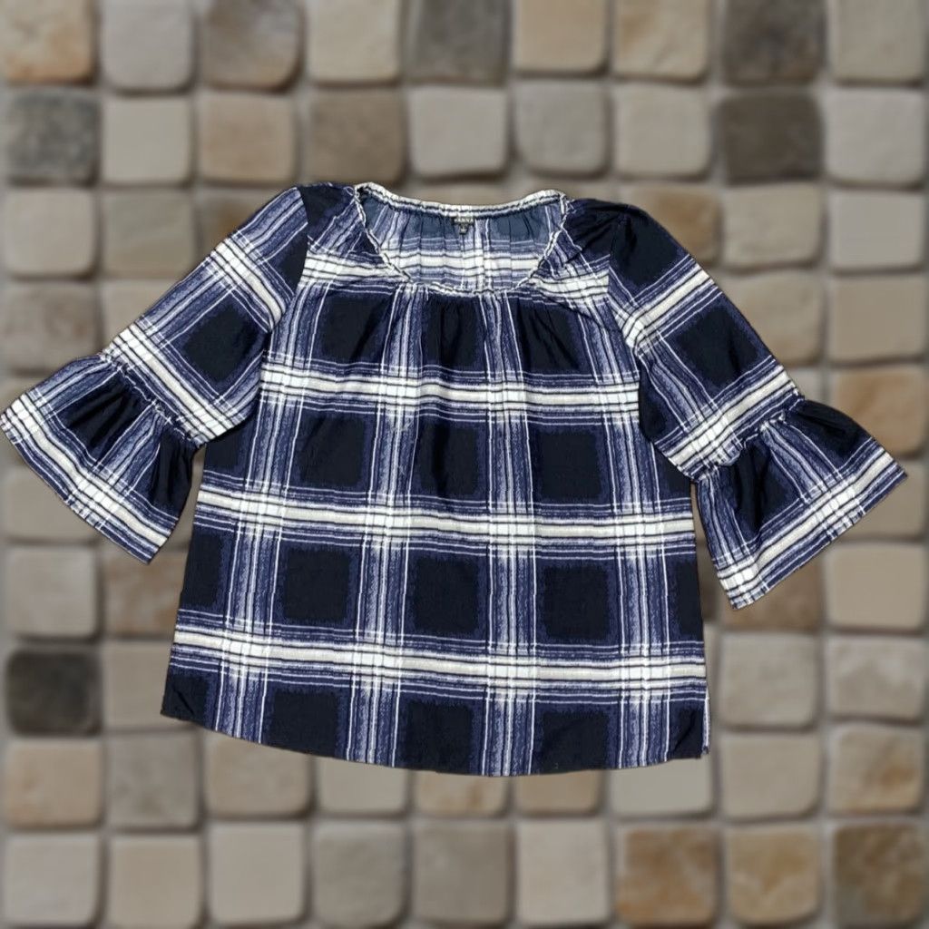 Vintage Hanna Blouse Shirt Blue White 3/4 Sleeve Bell 3" Side Slits L Womens Vintage No 100% Polyester Tunic Casual Size L / US 10 / IT 46 - 1 Thumbnail