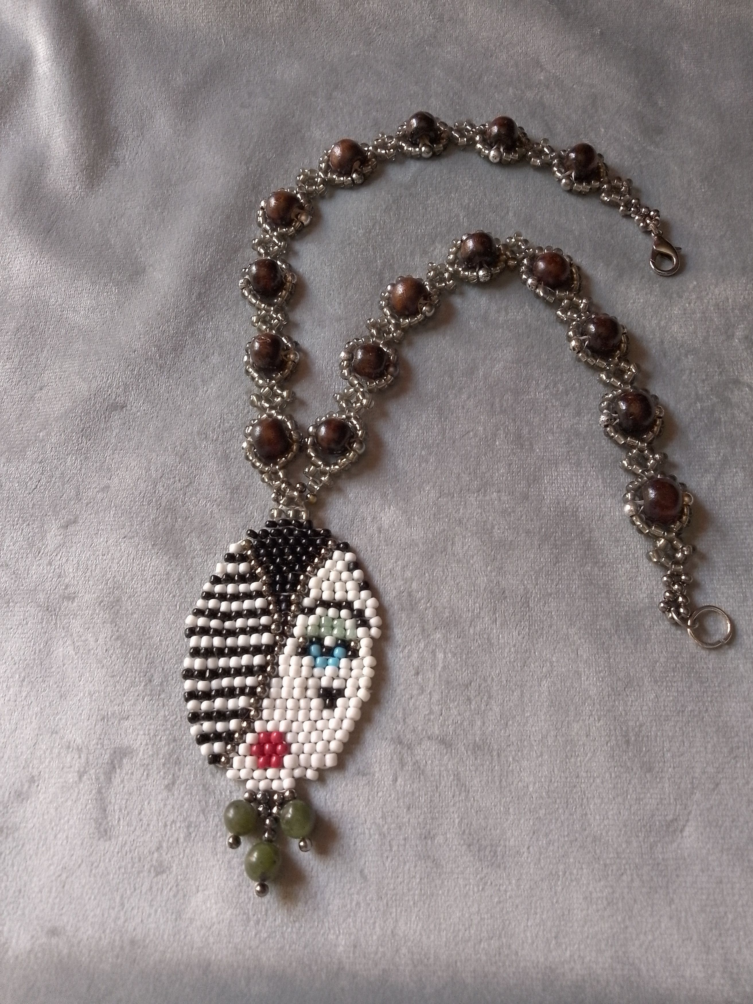 Handmade Boho necklace in wood pendant with natural jade gemstones Size ONE SIZE - 5 Thumbnail