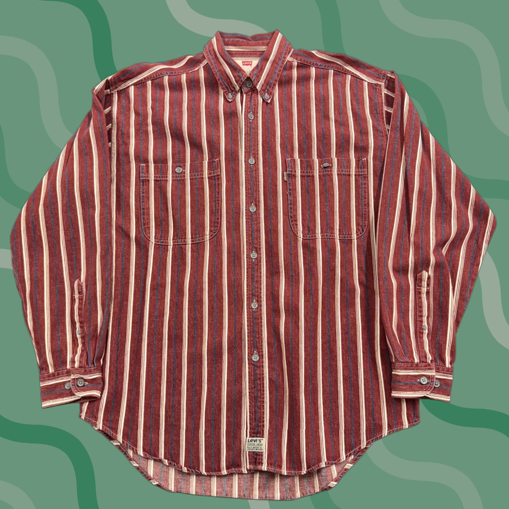 VINTAGE Levi's Shirt Mens L Red Striped Button-Down Cotton Long Sleeve 90s Button-Up