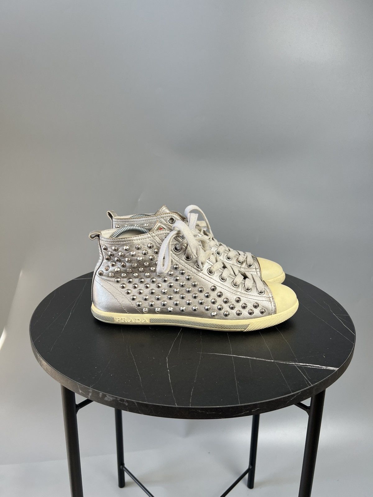 Prada Studded Silver Leather Sneakers (Y0500)