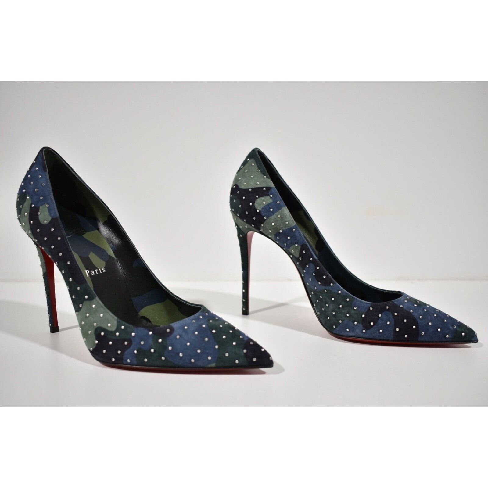 Christian Louboutin Kate Plume 100 Camo Blue Green Suede Classic Heel Pump 38.5 Size US 8.5 / IT 38.5 - 4 Thumbnail