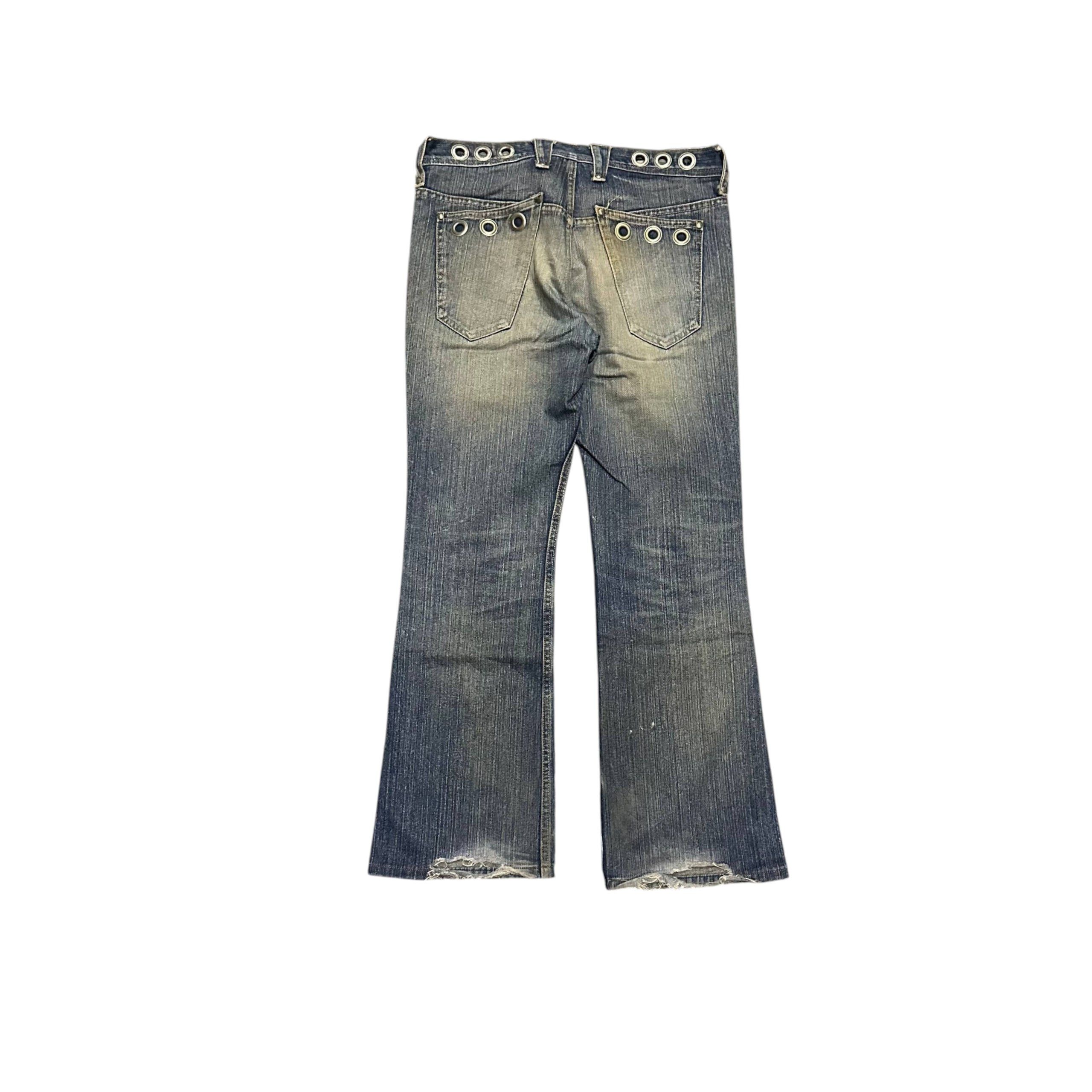 Japanese Brand 2000s Gogmagog Japan Distressed Flared Grommet Rivet Jeans Size US 34 / EU 50 - 2 Thumbnail