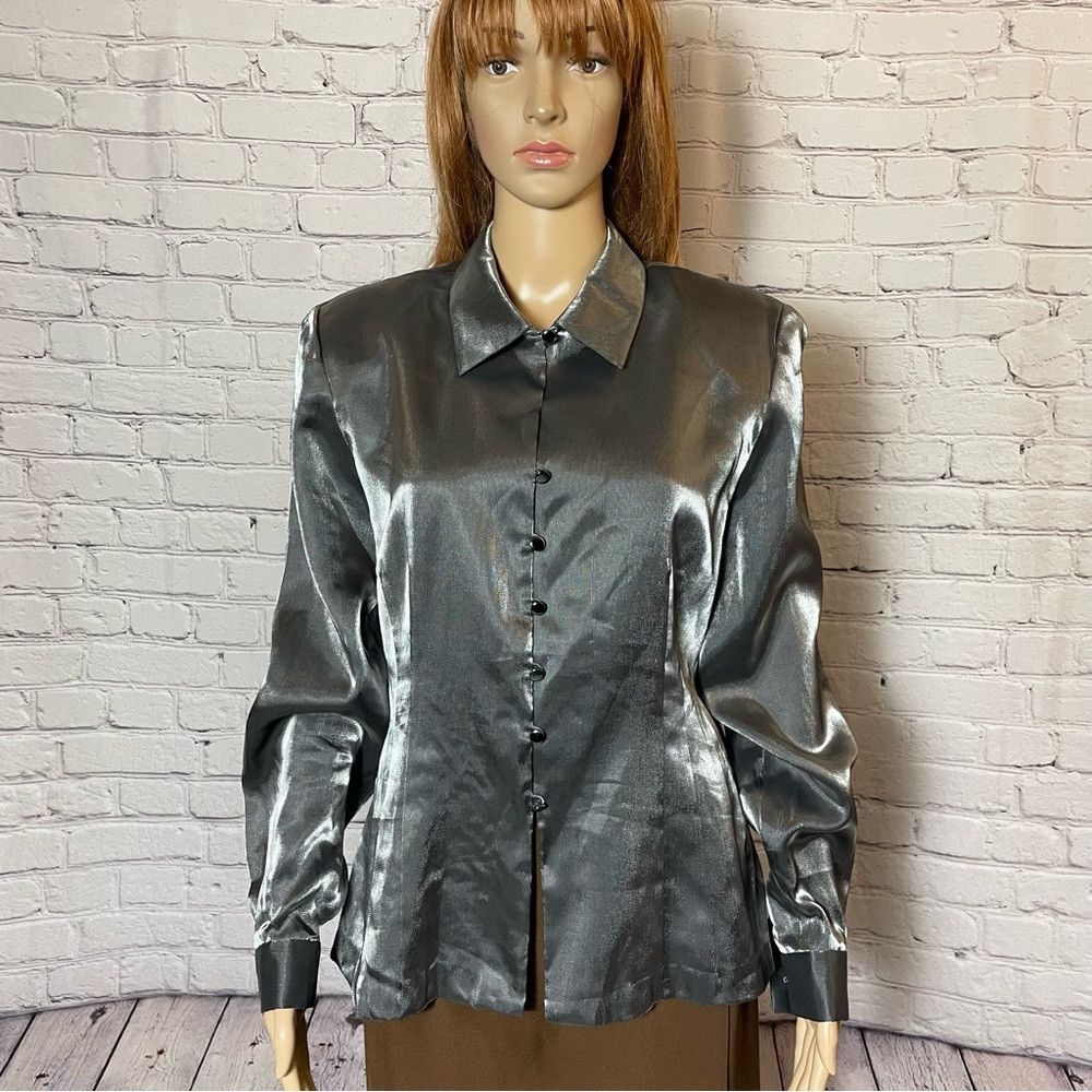 Other Vintage Carlisle Silver Silk Blend Long Sleeve Blouse Size Size XL / US 12-14 / IT 48-50 - 1 Thumbnail