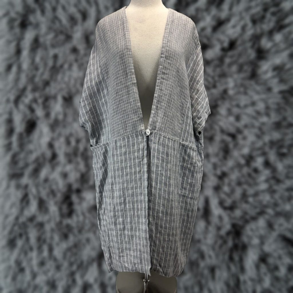 Vintage POETRY 100% Linen Kimono Jacket Women’s Large Regular 16/18 Grey White Check Lagenlook Minimal Pockets Lightweight Breathable Size XXL / US 16-18 / IT 52-54 - 1 Thumbnail