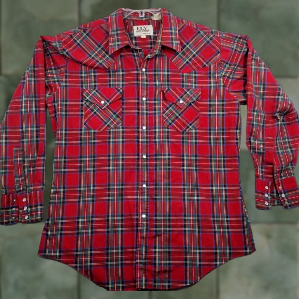 Vintage Ely Cattleman Vintage Shirt Mens Large Plaid Long Sleeve Button-Up Cotton Canvas Red Pearl Snap Up Size US L / EU 52-54 / 3 - 1 Thumbnail
