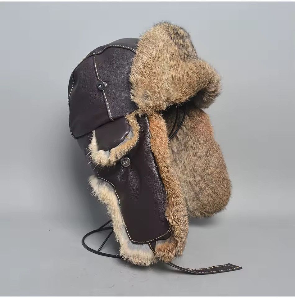 Genuine Leather Genuine Natural Rabbit Fur Leather Trapper Winter Hat Size ONE SIZE - 1 Thumbnail