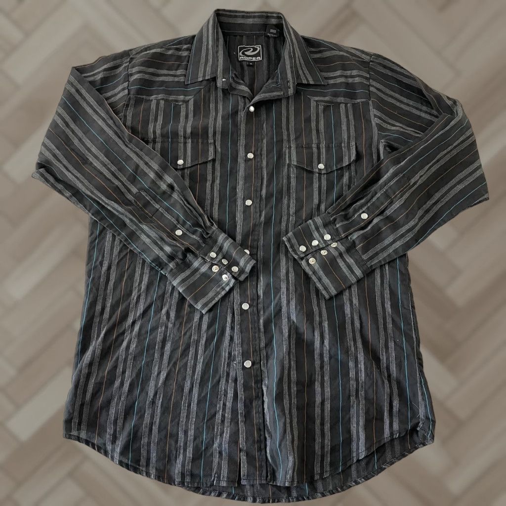 Roper Roper Shirt Striped Long Sleeve Button-Up Front Black Mens Medium Size US M / EU 48-50 / 2 - 1 Thumbnail