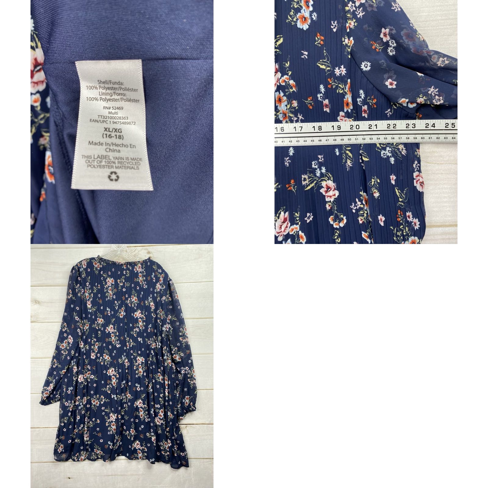 Vintage Time & Tru Dress XL 16/18 Floral Blue Boho Hippie Ruffle Lined Mini Chiffon Polyester Round Neck Balloon Sleeve Pullover Casual Women's Size XL / US 12-14 / IT 48-50 - 8 Thumbnail