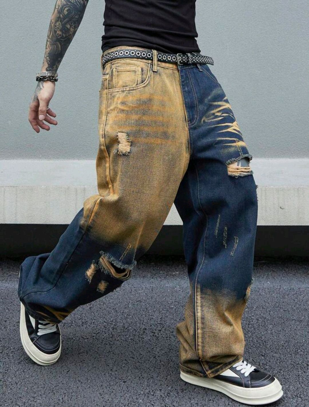 Japanese Brand × Jean Y2K Ripped Blue Yellow Straight Leg Loose Jeans sh Size US 35 - 1 Thumbnail