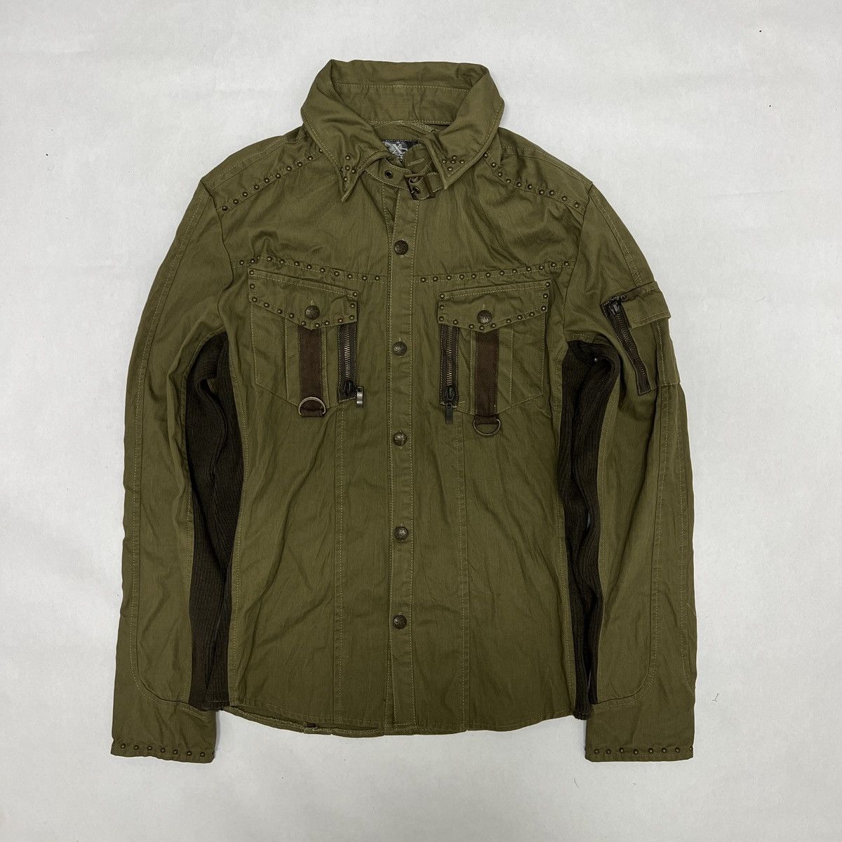 image of If Six Was Nine x Share Spirit Homme Xfrm Studded Military Button-Up in Miltary Green (Size Medium)