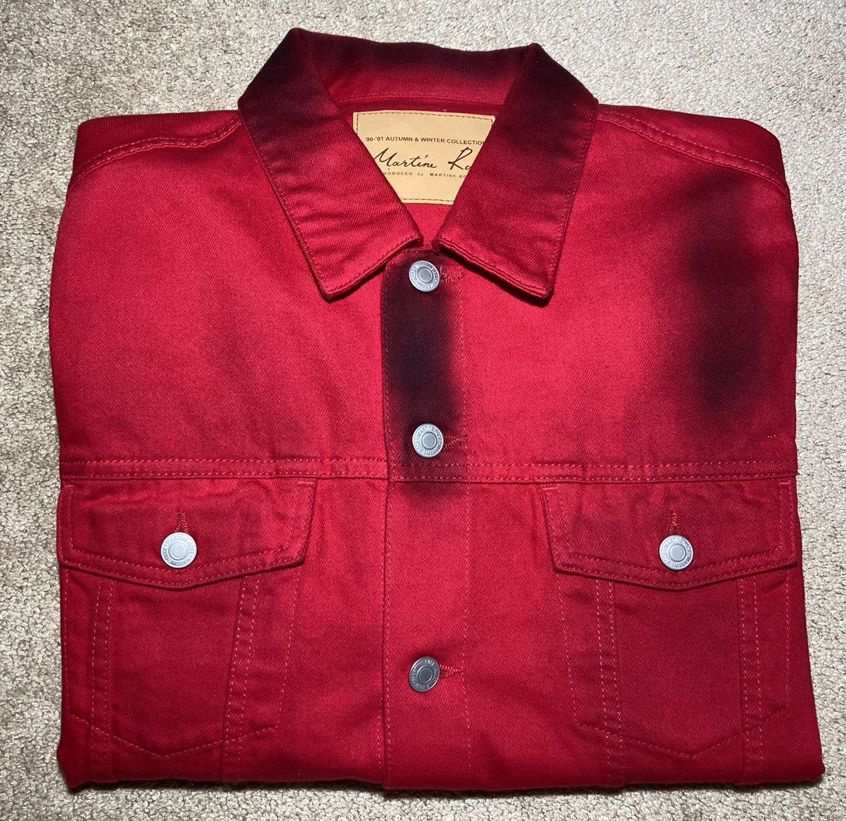 image of Fw18 Martine Rose Red Black Dyed Fade Denim Jacket 2018 in Red Gradient, Men's (Size Small)