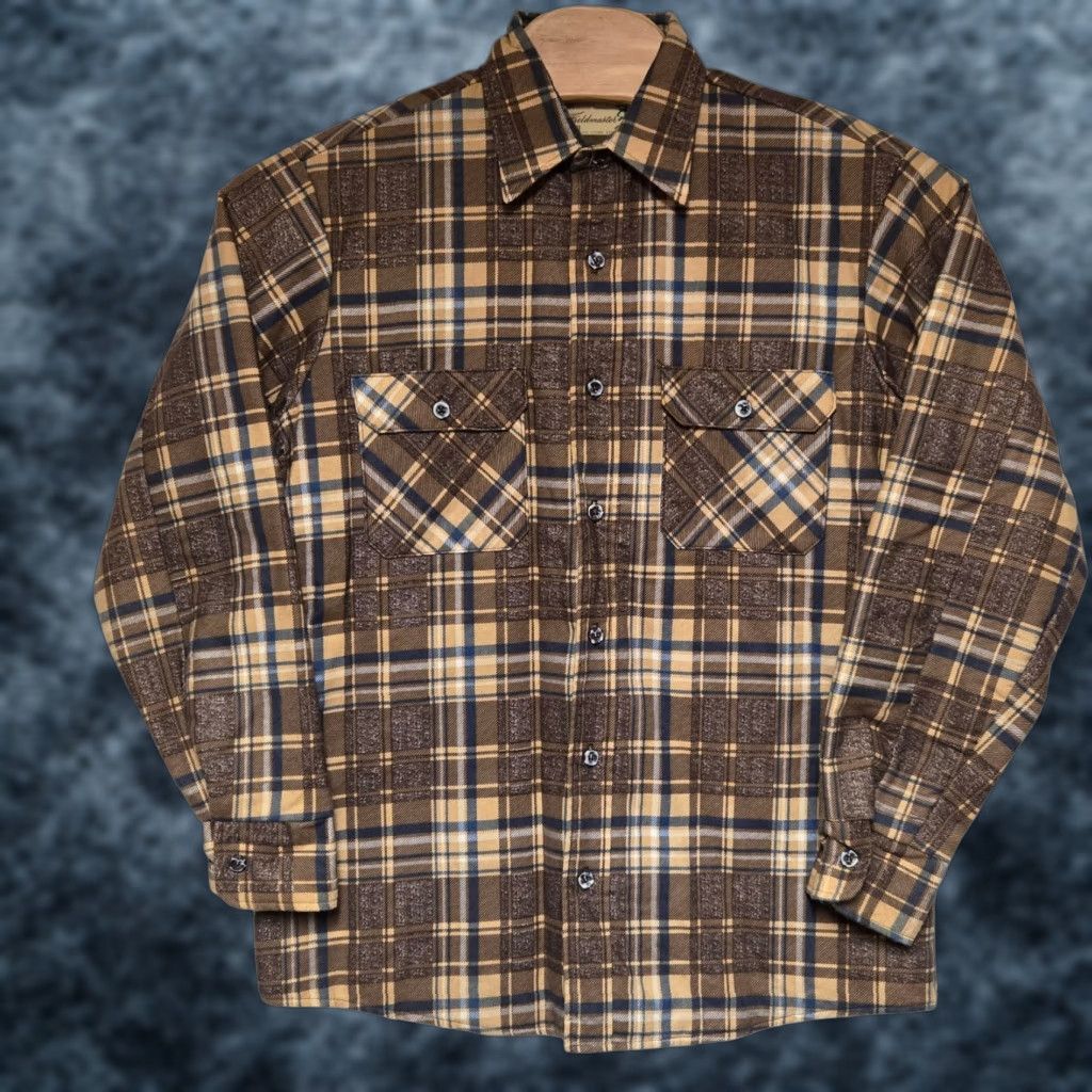 Sears VINTAGE Sears Fieldmaster Flannel Shirt Mens Large Tall Plaid Lined 70s Perma Prest Button-Up Knit Quilted Brown Cotton Polyester Shirt Size US L / EU 52-54 / 3 - 1 Thumbnail