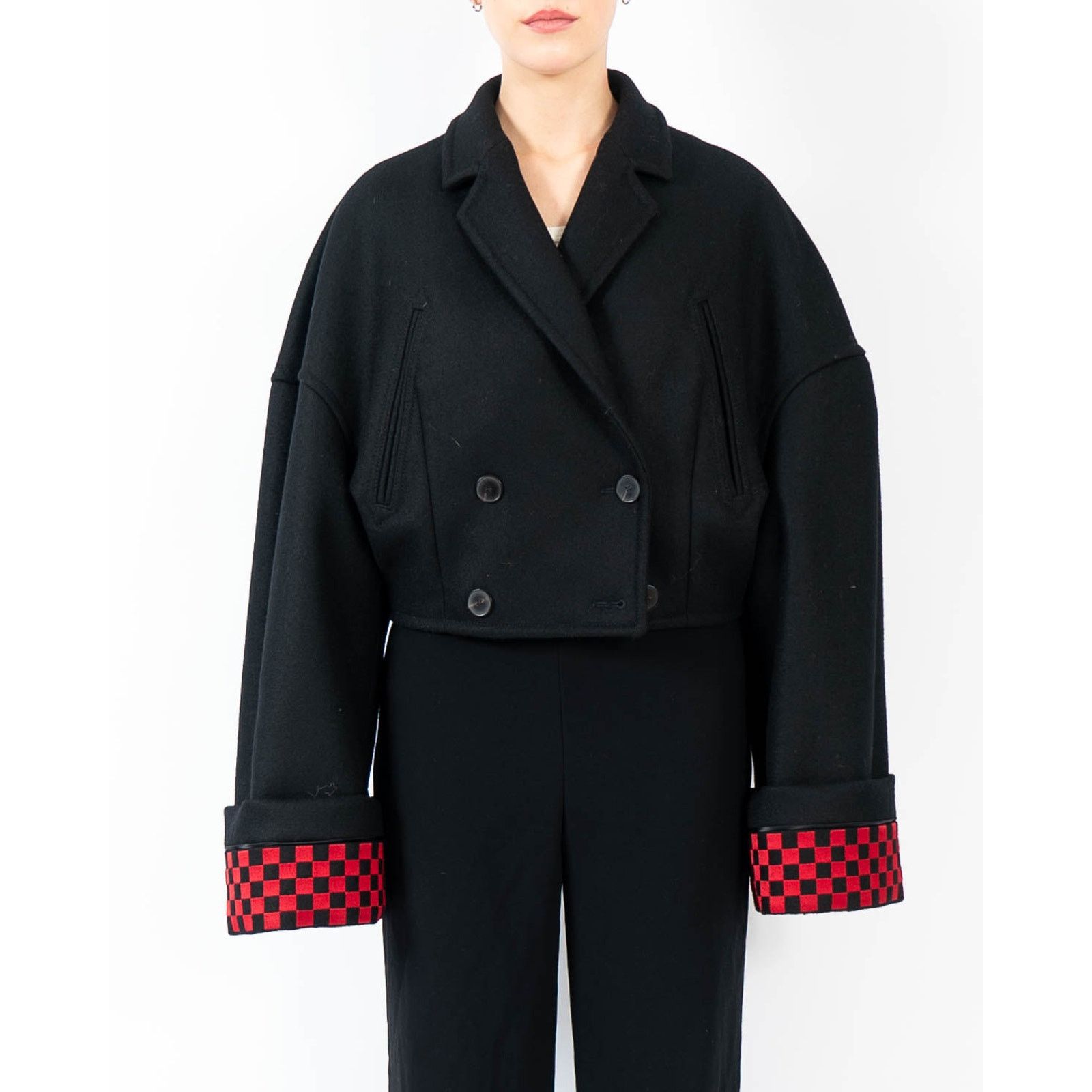 Haider Ackermann FW19 Cropped Overcoat in Black Wool with Checked Embroidery Size M / US 6-8 / IT 42-44 - 4 Thumbnail