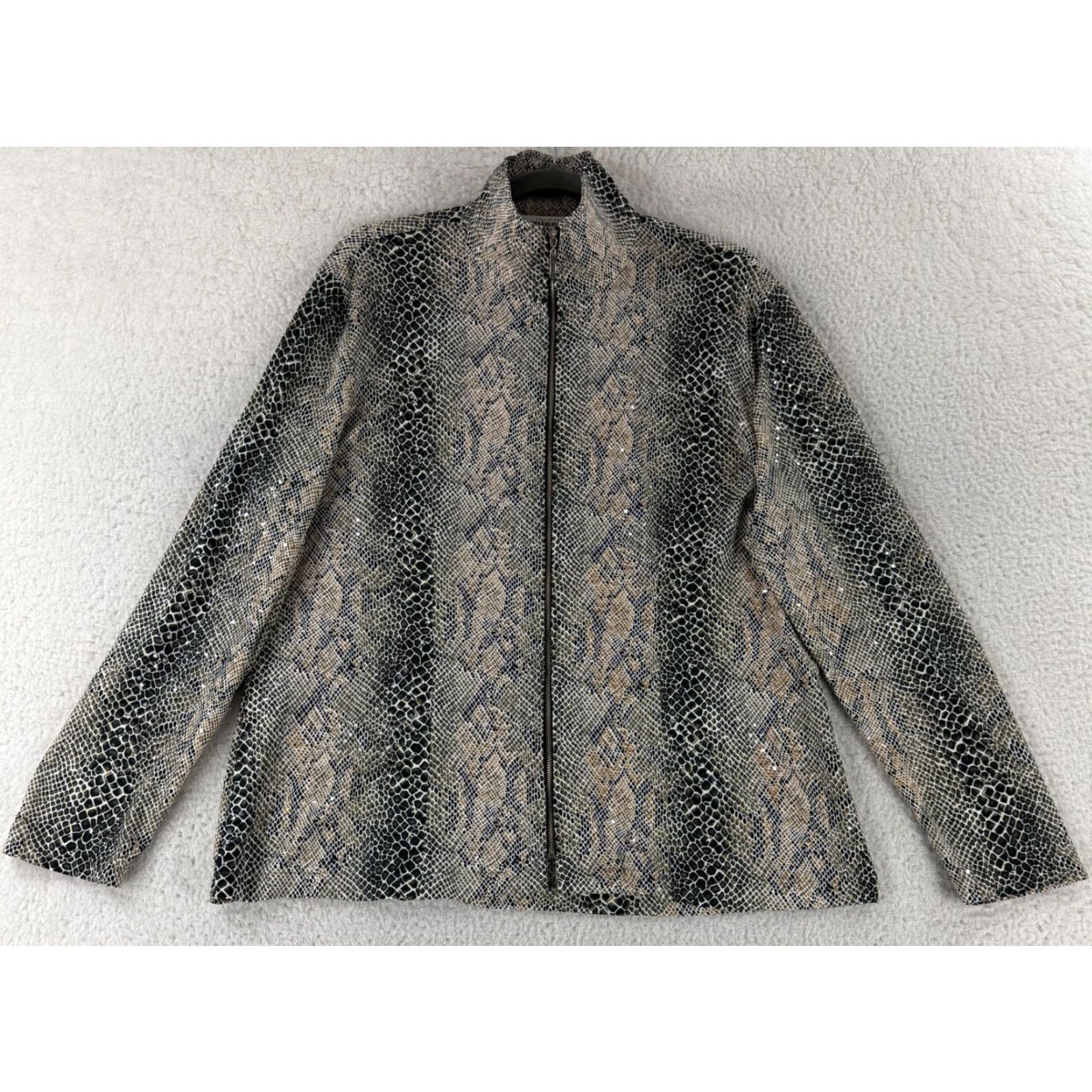 Vintage Exclusively Misook Jacket Womens Medium Brown Black Snakeskin Sequins Full Zip Jacket Size M / US 6-8 / IT 42-44 - 2 Thumbnail