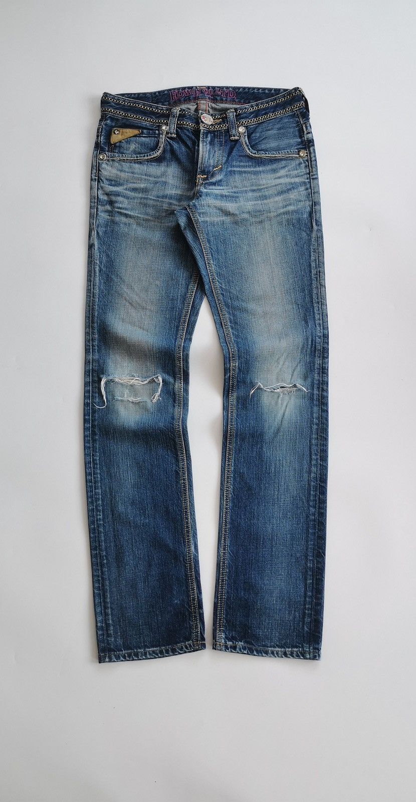 Edwin Edwin Blue Trip Leather Trim Distressed Jeans Size 29" - 2 Thumbnail