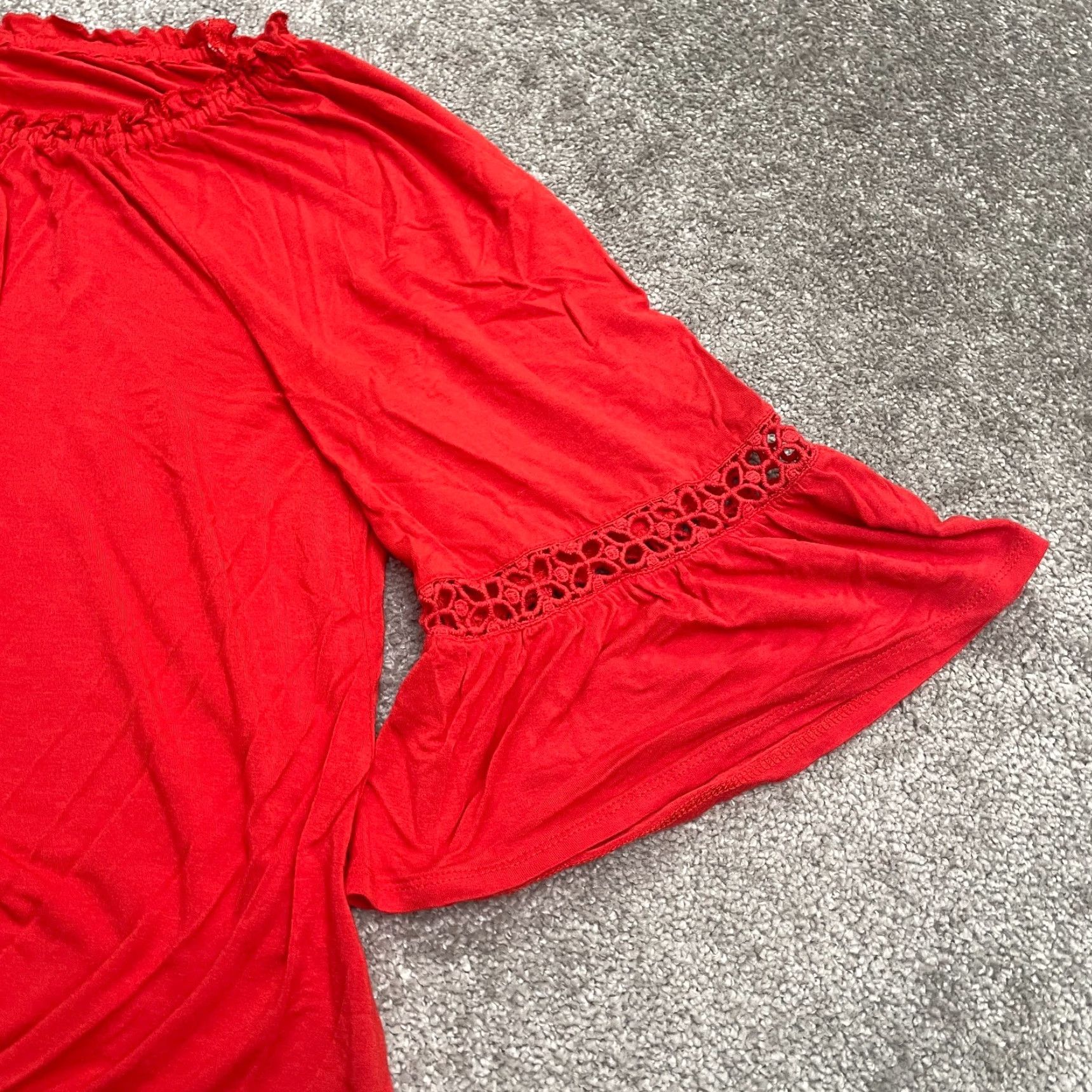 Vintage New Directions Cropped Knot Top Shirt Women M Red Off Shoulder Bell Sleeve Casual Modern Beach 90s Womens Size M / US 6-8 / IT 42-44 - 4 Thumbnail